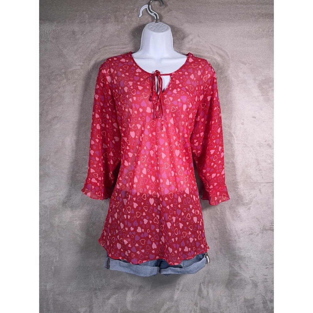 Inner‎ Most Heart Print Sheer Blouse Womens Size Small Pink Y2K Fairycore